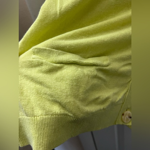 Neon Yellow Deep-V 3/4 Sleeve Sweater w/ 3-Brown Buttons & 2 Small Pockets - Picture 6 of 6